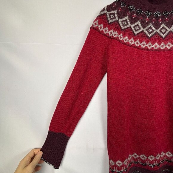 Eddie Bauer Women Fair Isle Knit Sweater Sz S Cotton  Wool Red Burgundy Cowlneck - Picture 7 of 7